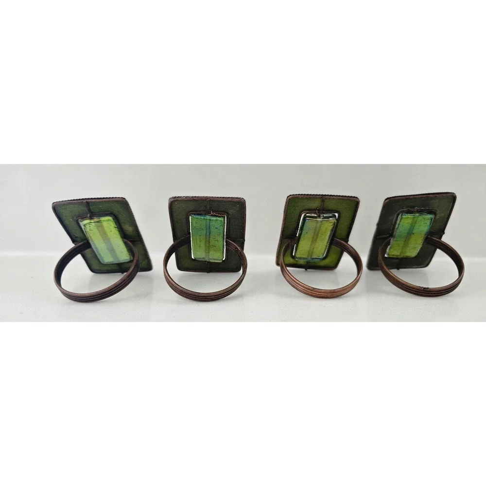 Art Glass Napkin Rings Set of 4 Green Iridescent Dichroic Rectangle Artisan